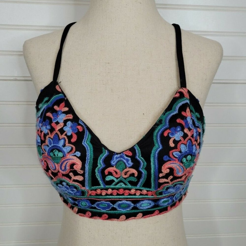 Luxxel Black Embroidered Floral Strappy Bralette Top with Multicolor Stitching